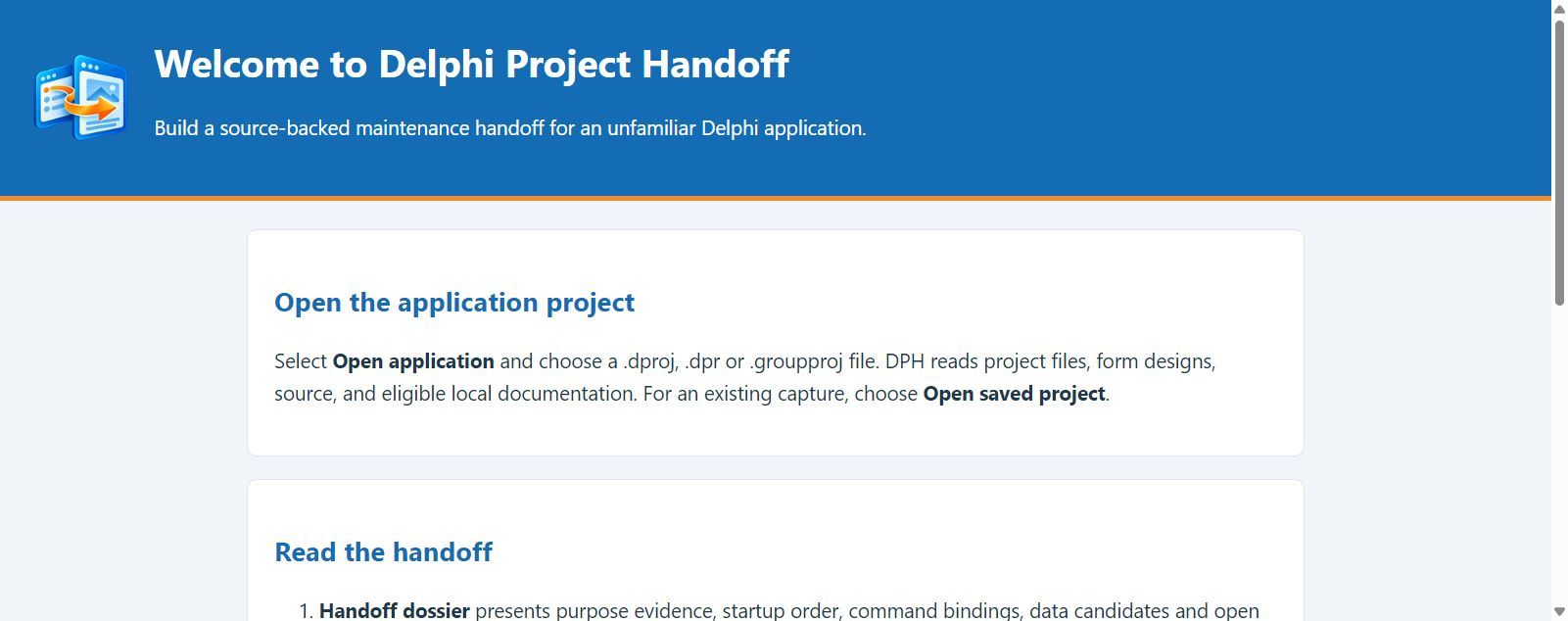DPH Getting started view showing how to open a project and a saved analysis
