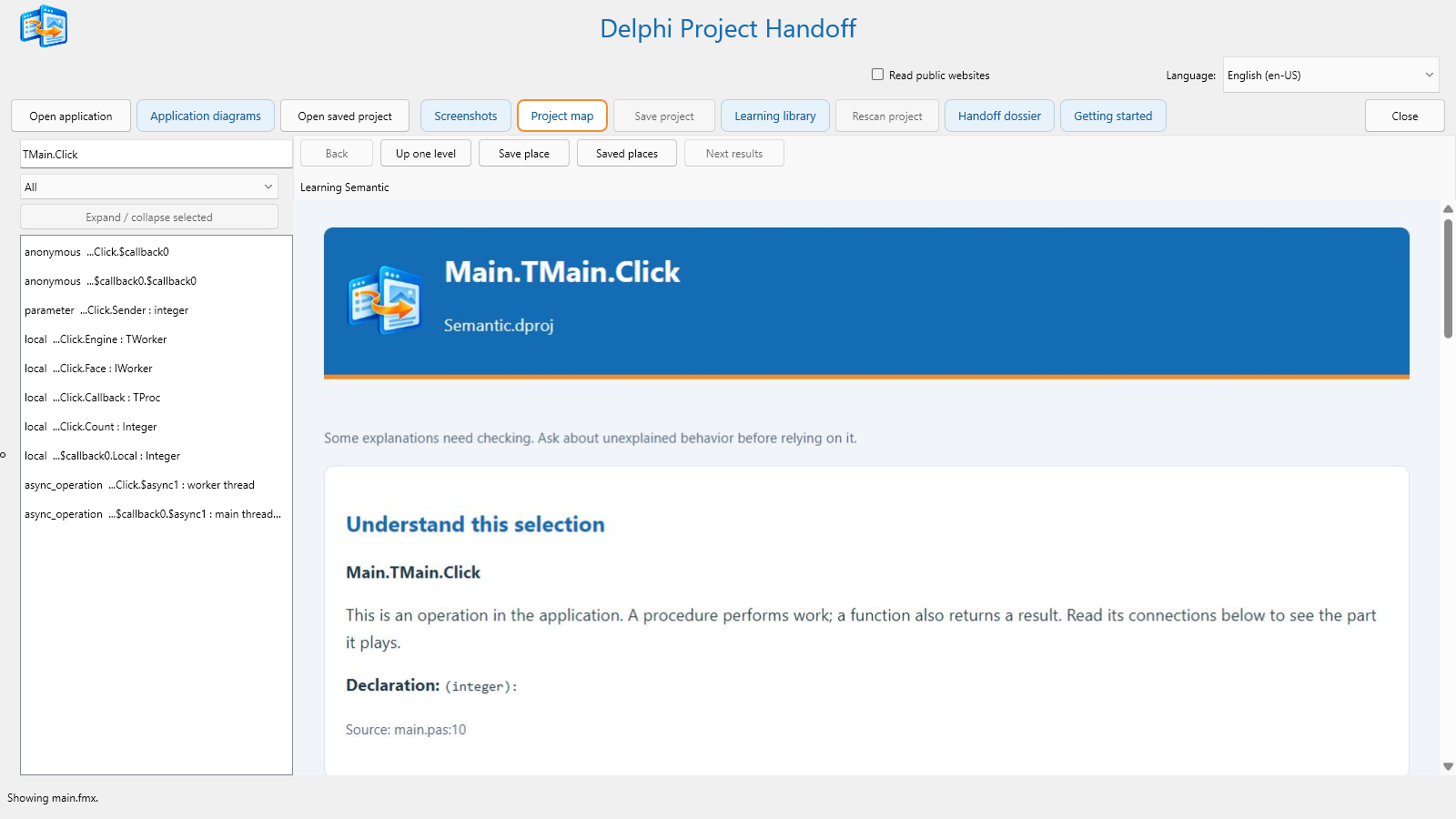 DPH source-linked explanation view for a selected application object